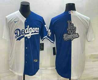 Men%27s Los Angeles Dodgers White Blue Split Team Big Logo Cool Base Stitched Baseball Jersey->los angeles dodgers->MLB Jersey